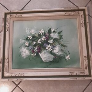 Stunning Floral Still Life Oil Painting on Canvas In Oranate Wooden Frame